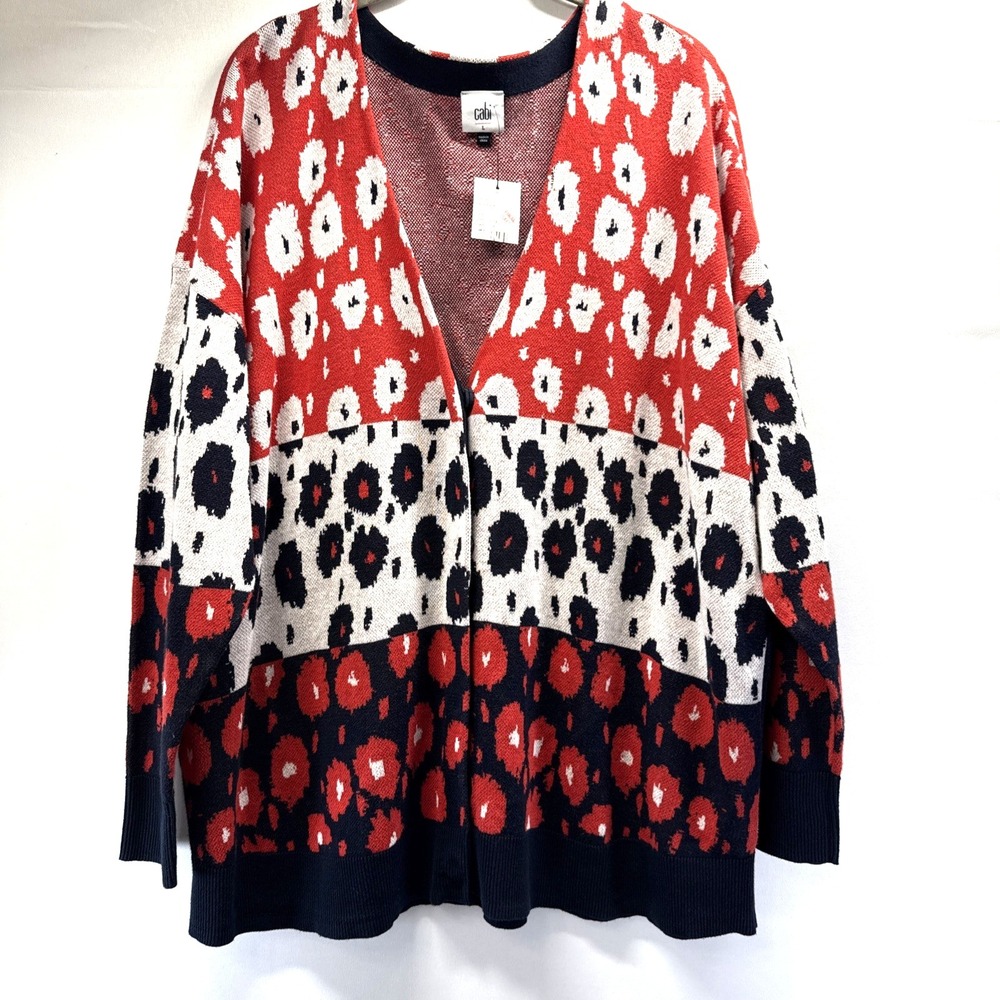 CAbi Women's Sweater L Red‎ Black White Upbeat Cardigan 6163 Snap Front NWT $164
